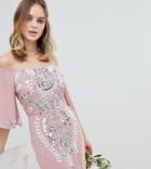 Maya Petite All Over Embellished Bardot Maxi Bridesmaid Dress With Fluted Sleeves - Pink