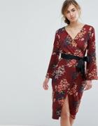 Closet London Allover Floral Wrap Pencil Dress With Belt - Multi