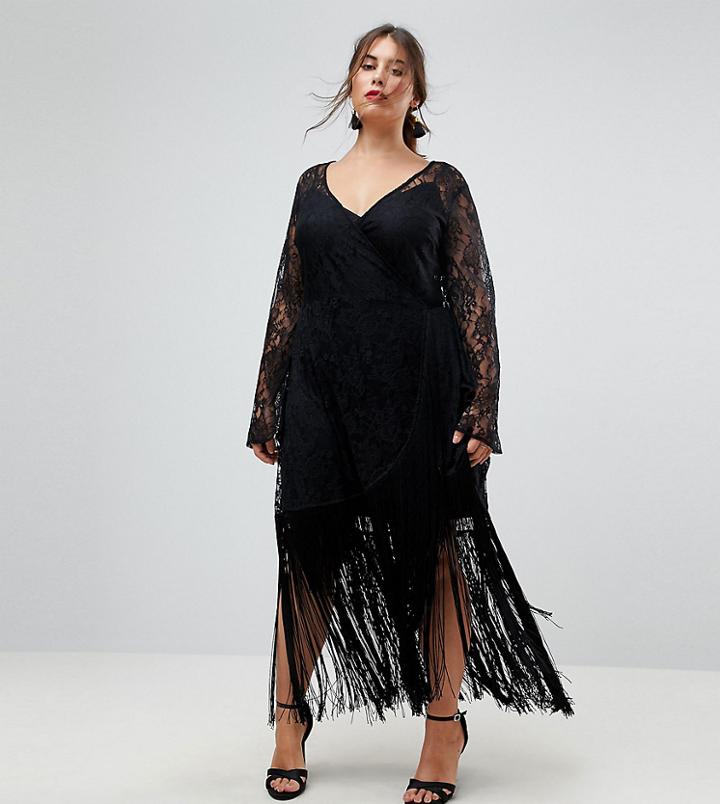 Asos Curve Lace Deep Plunge Fringe Wrap Midi Dress - Black