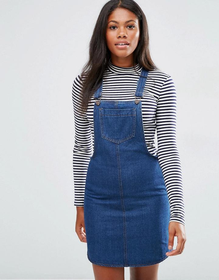Brave Soul Denim Pinafore Dress - Dark Denim Wash