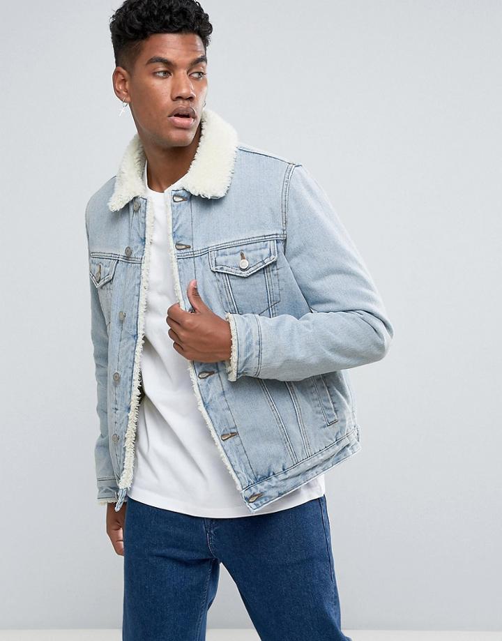 Asos Fully Fleece Lined Denim Jacket In Light Wash - Blue