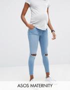 Asos Maternity Ridley Skinny Jeans In Hiro Wash With Rips With Under The Bump Waistband - Blue