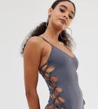 Missguided High Leg Lace Up Swimsuit In Gray - Gold