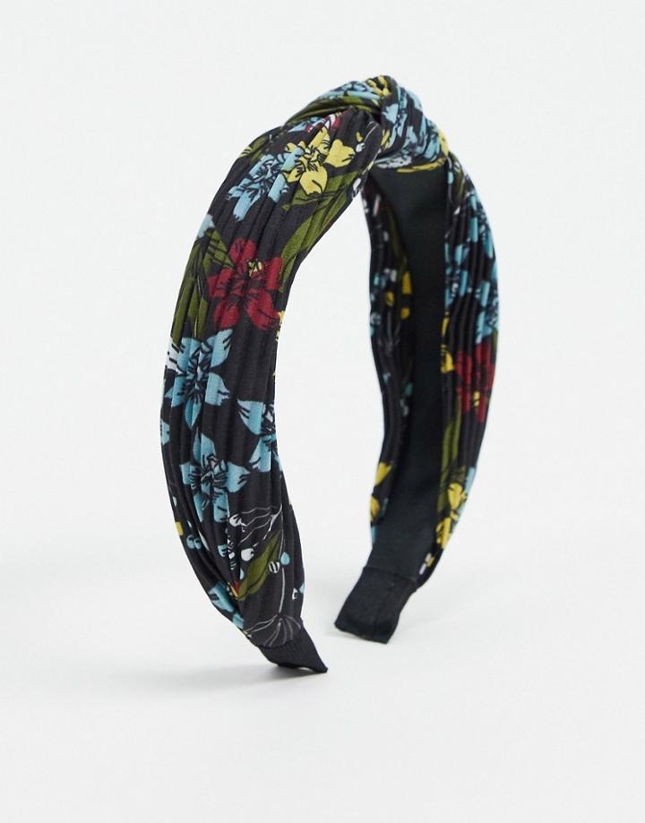 Asos Design Knot Headband In Floral Plisse In Black