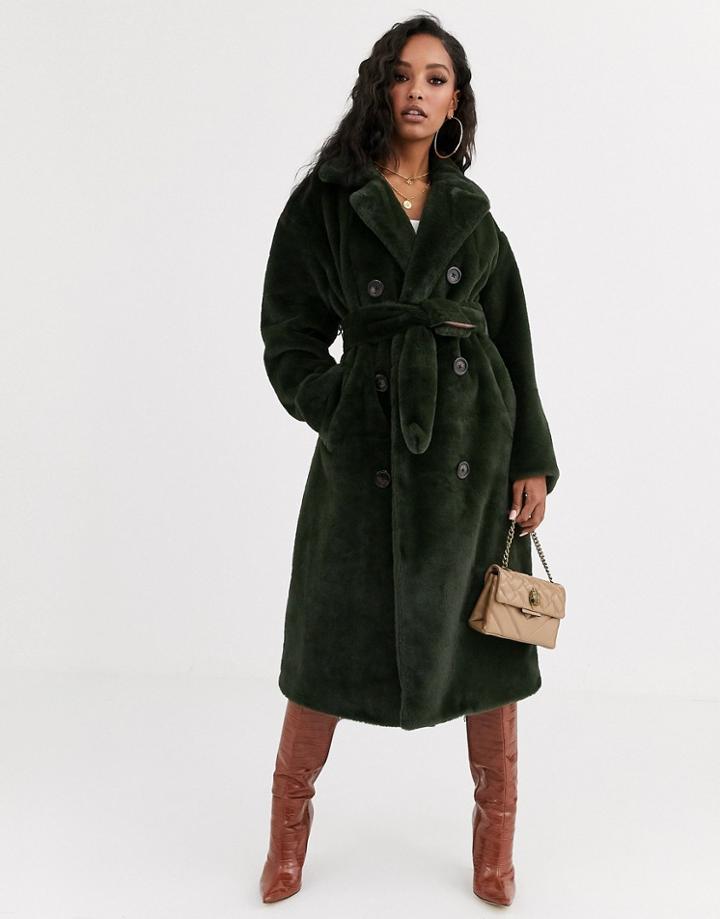 Asos Design Faux Fur Trench Coat In Khaki
