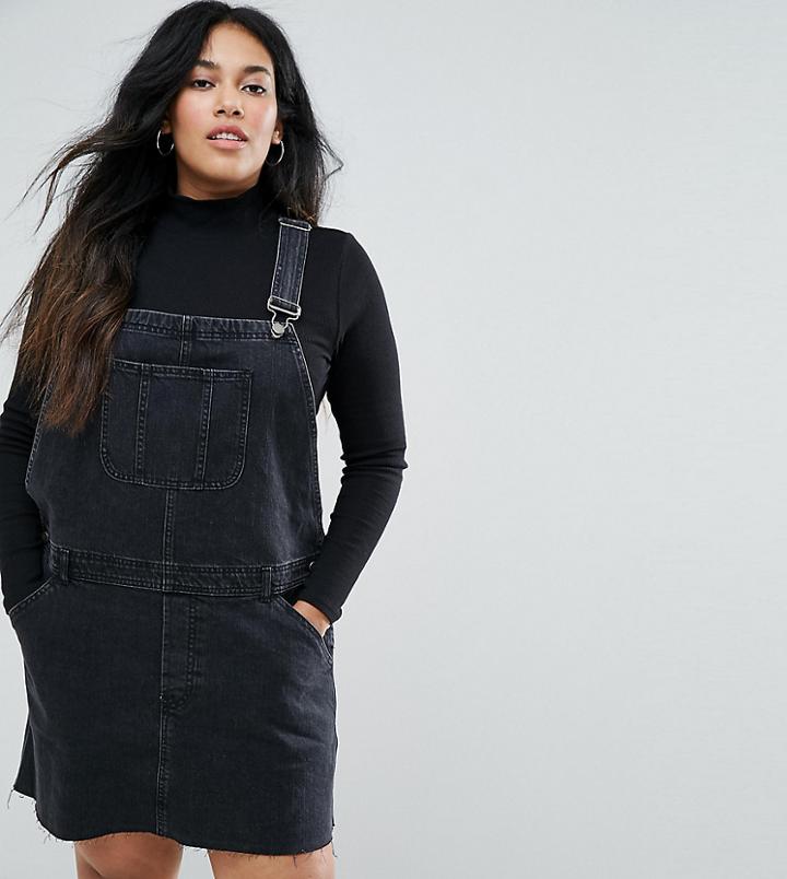 Asos Design Curve Denim Overall Dress In Washed Black - Black