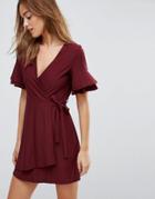 Asos Mini Wrap Dress With Double Flutter Sleeve - Red