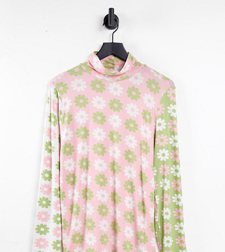 Neon Rose Plus High Neck Top In Mix Retro Floral-multi