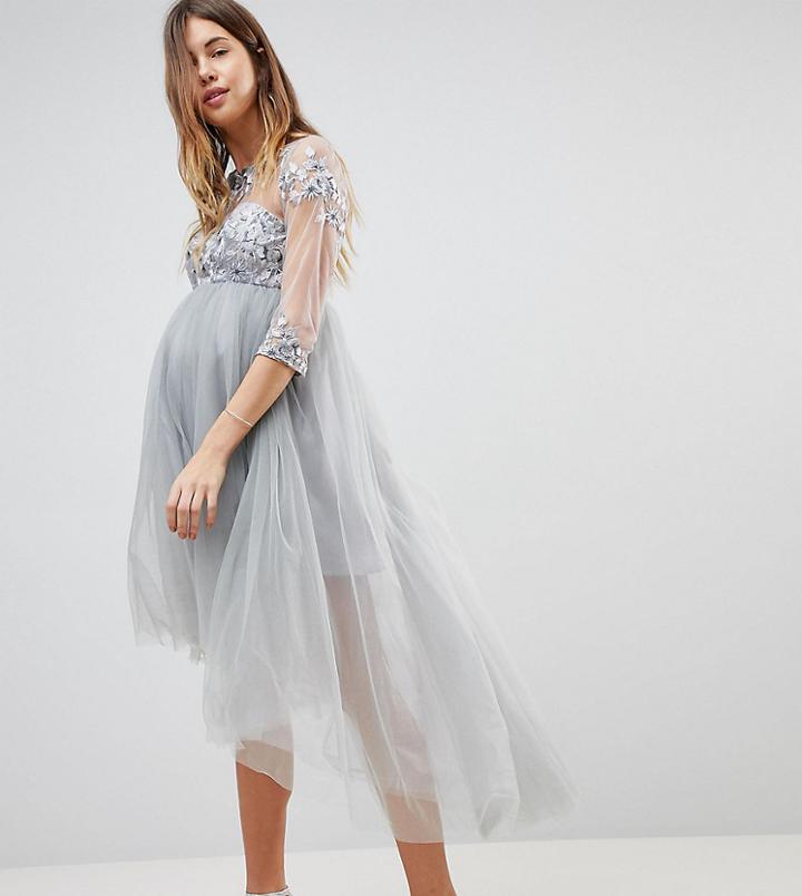 Chi Chi London Maternity High Neck Tulle Midi Skater Dress With Lace Sleeves And High Low Hem - Gray