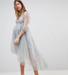 Chi Chi London Maternity High Neck Tulle Midi Skater Dress With Lace Sleeves And High Low Hem - Gray
