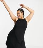 Asos Design Curve Gathered Neck Mini Dress With Open Back In Black