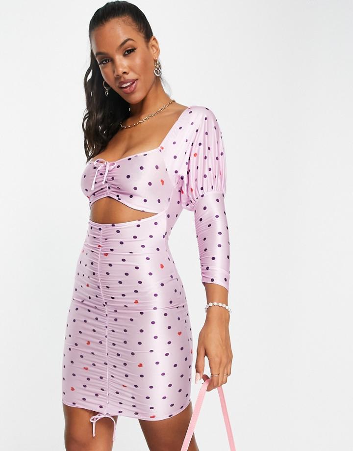 Asos Design Ruched Sweetheart Body-conscious Mini Dress In Spot And Heart Print-purple
