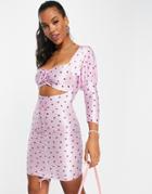 Asos Design Ruched Sweetheart Body-conscious Mini Dress In Spot And Heart Print-purple
