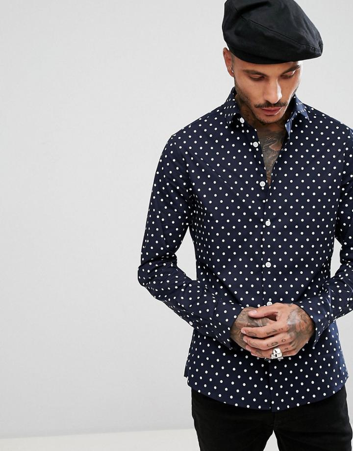 Asos Skinny Polka Dot Shirt In Navy - Navy