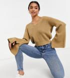 River Island Petite Bow Back Knit Lounge Top In Camel-brown