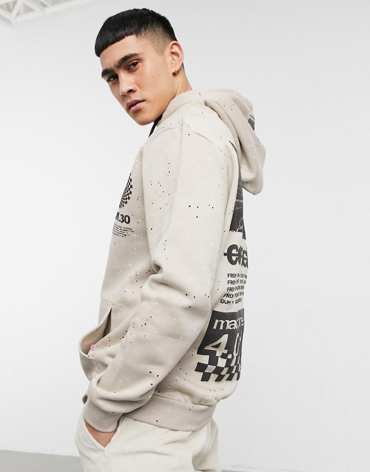 Bershka Printed Hoodie With Splatter Print In Ecru-neutral