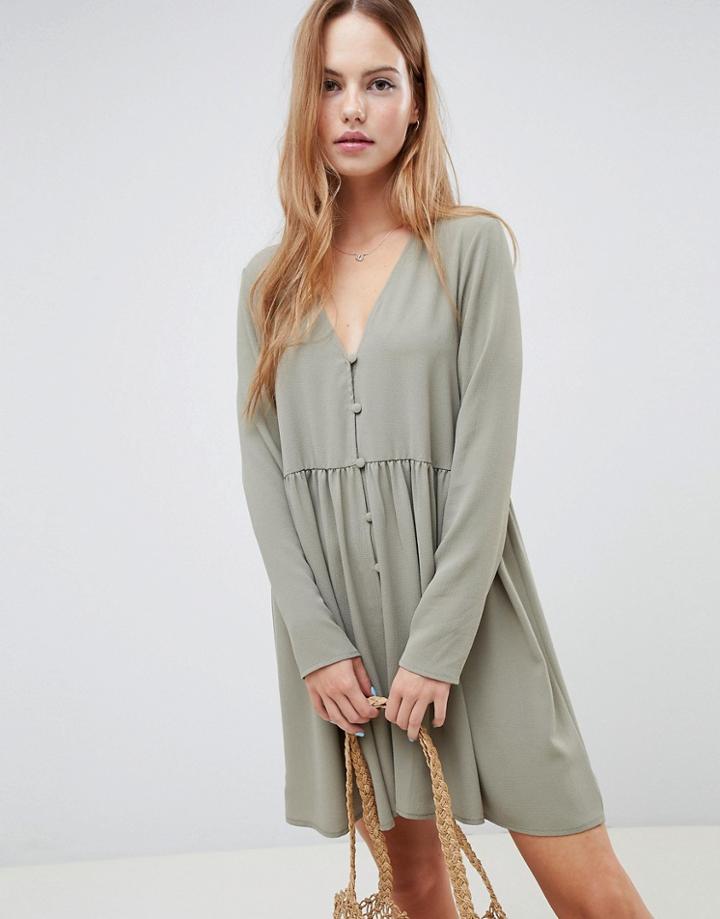 Asos Design Smock Mini Dress With Button Through - Green