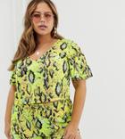 Asos Design Curve Jersey Beach Crop Top With Flutter Sleeves In Neon Snake Print Two-piece-multi