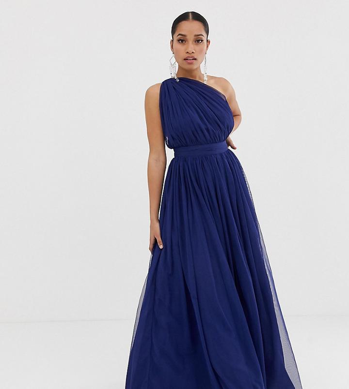 Asos Design Petite Tulle One Shoulder Maxi Dress-navy