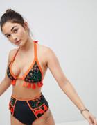 Asos Fuller Bust Premium Contrast Tassel Embroidered Triangle Bikini Top Dd-g - Black