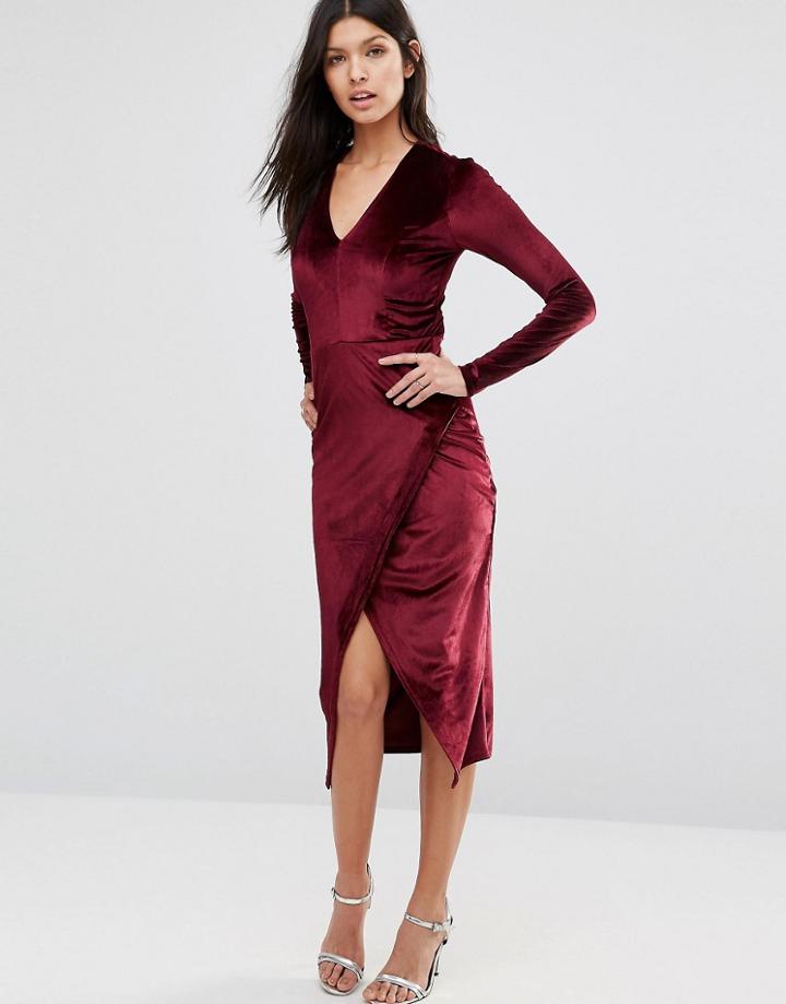 Club L Deep V Asymmetric Wrap Over Midi Dress In Velvet - Red
