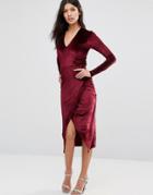 Club L Deep V Asymmetric Wrap Over Midi Dress In Velvet - Red
