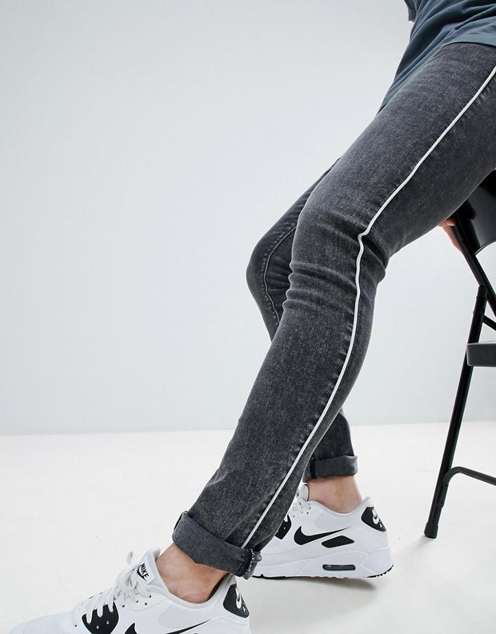 Asos Design Extreme Super Skinny Jeans In Washed Black With Piping - Black