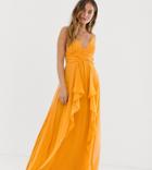 Asos Design Petite Cami Maxi Dress With Soft Layered Skirt And Ruched Bodice - Orange