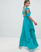 Asos Ruffle Sleeve Dip Back Maxi Dress With Open Back - Blue
