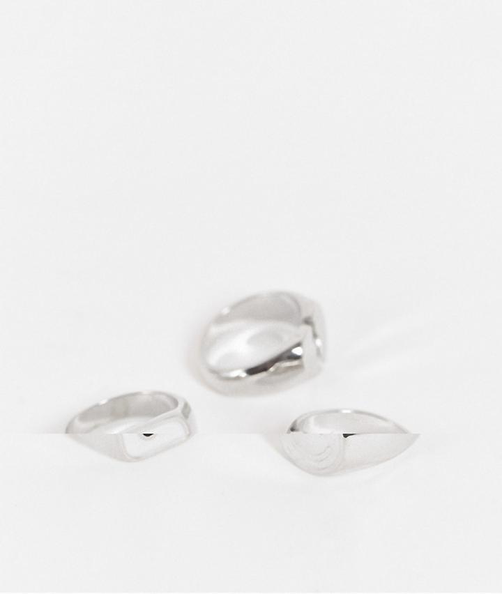 Asos Design 3 Pack Signet Ring Set With Heart And Flower Design In Silver Tone