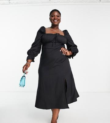 The Frolic Plus Midaxi Milkmaid Dress In Linen With Tie Bust Detail-black