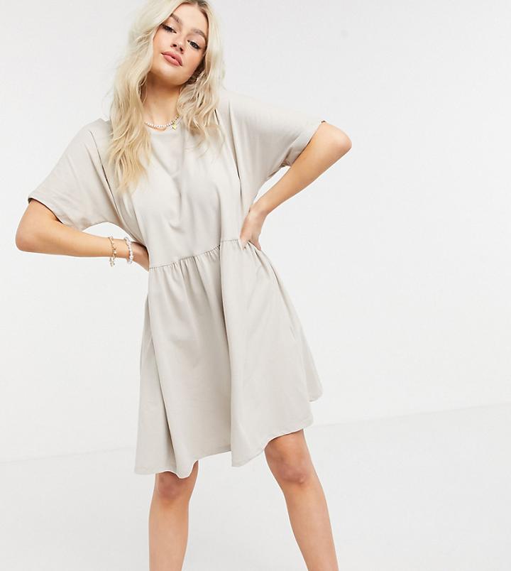 Noisy May Petite Mini Smock T-shirt Dress In Stone-grey