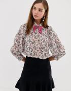 Sister Jane Blouse With Volume Sleeves And Velvet Bow In Blossom Floral - Multi