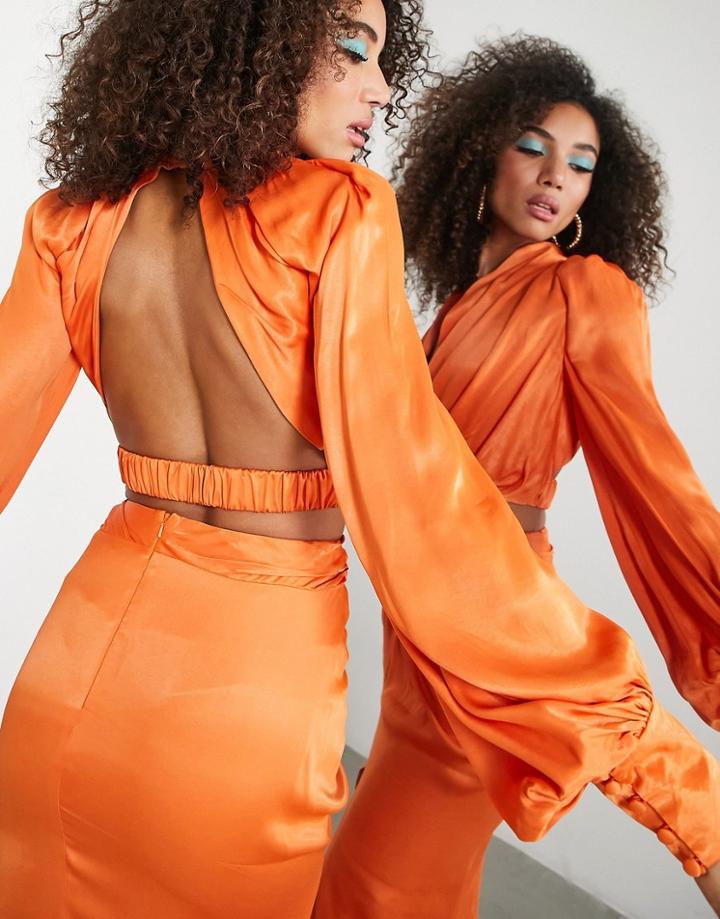 Asos Edition Satin Drape Blouson Sleeve Top With Open Back In Spicy Orange