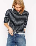 Asos Sweater In Textured Stripe With Funnel Neck - Navy