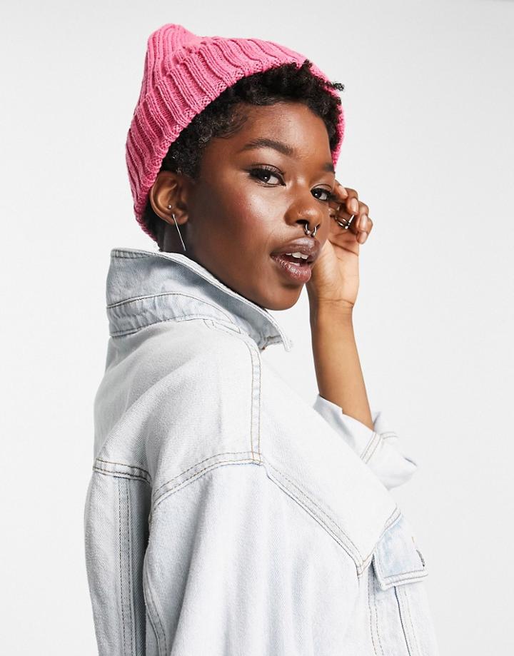 Topshop Rib Knit Beanie In Pink