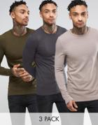 Asos 3 Pack Long Sleeve Extreme Muscle T-shirt In Green/washed Black/gray Save - Multi