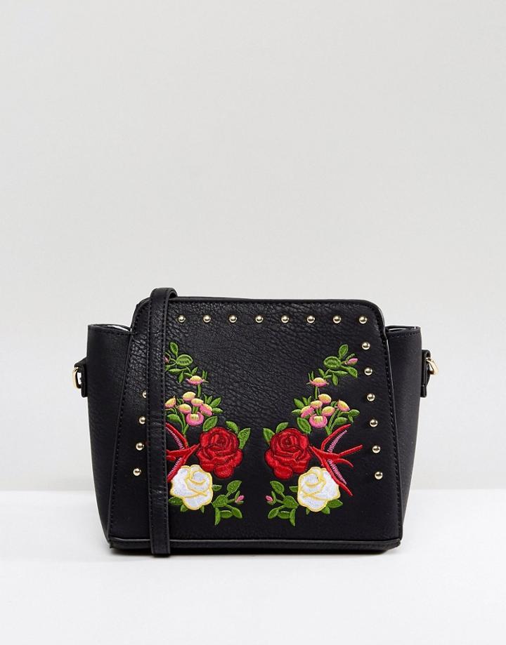 Yoki Embroidered Crossbody Bag With Studding - Black