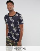 Asos Tall Longline T-shirt With Scoop Neck And All Over Pixel Floral Print - Black