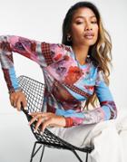 Topshop Printed Mesh Long Sleeve Top In Multi
