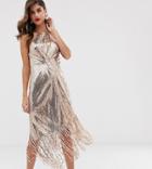 Asos Design Midi Dress In Allover Sequin With Fringe Hem - Brown