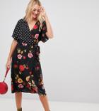 Influence Tall Kimono Sleeve Wrap Dress In Mix And Match Print - Black