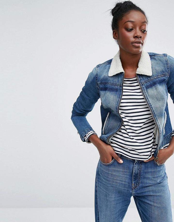 Only Retro Faux Shearling Collar Denim Jacket - Blue