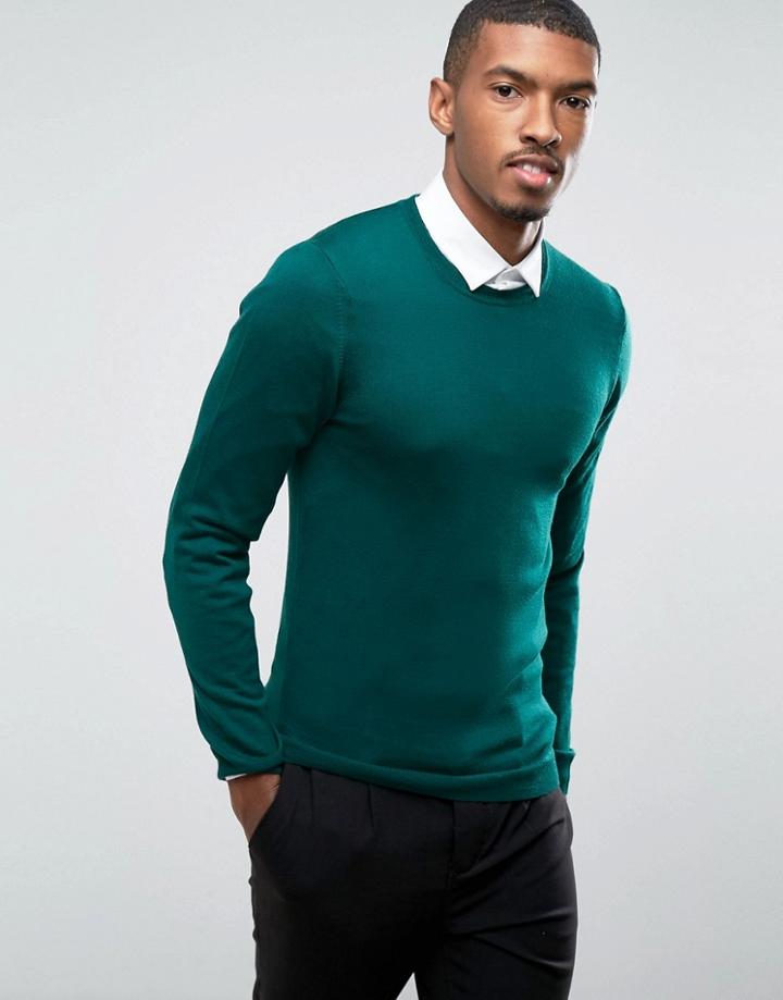 Asos Muscle Fit Merino Wool Sweater In Green - Green