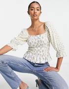 French Connection Square Neck Smock Top In Tonal Floral-neutral