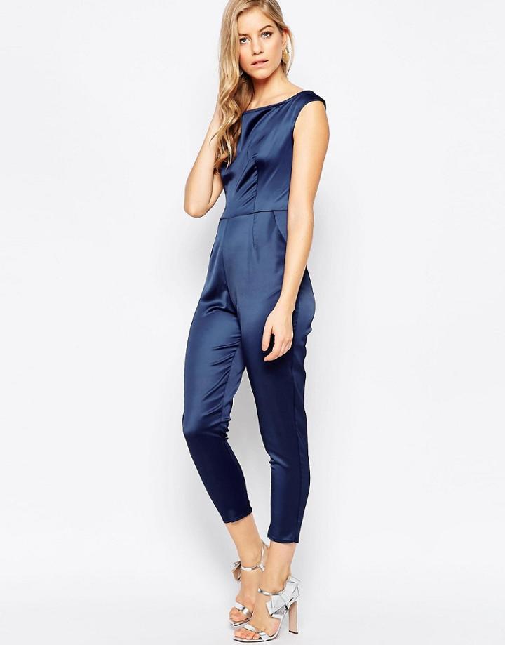 Love Cold Shoulder Jumpsuit In Satin - Navy