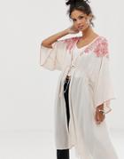 En Cr Me Kimono With Embroidery - White