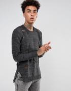 Black Kaviar Knitted Sweater In Black With Distressing - Black