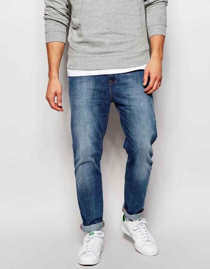 Asos Stretch Tapered Jeans In Mid Wash - Mid Blue