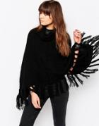 Only Solange High Neck Fringe Sweater In Black - Black